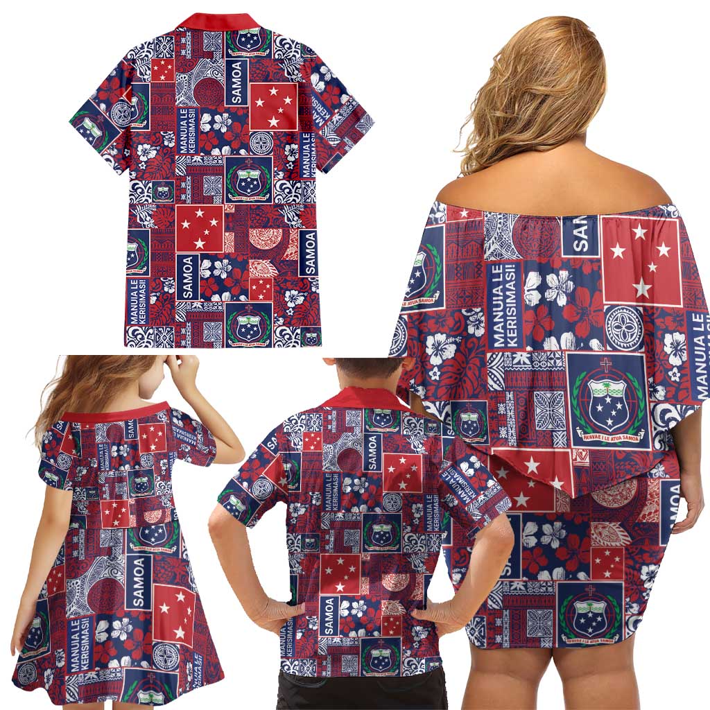 Red Samoa Manuia Le Kerisimasi Family Matching Off Shoulder Short Dress and Hawaiian Shirt Pacific Patchwork Xmas Vibes - Polynesian Pride
