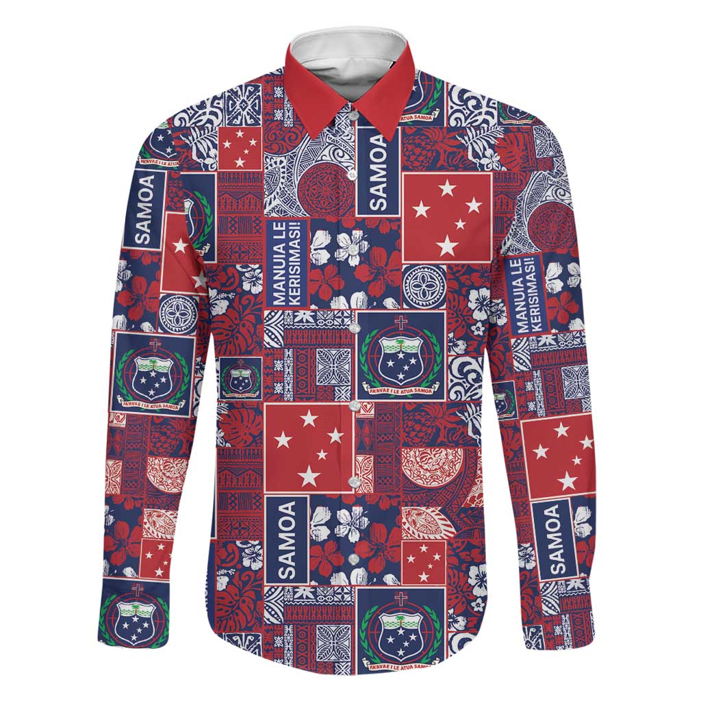 Red Samoa Manuia Le Kerisimasi Family Matching Off Shoulder Short Dress and Hawaiian Shirt Pacific Patchwork Xmas Vibes - Polynesian Pride