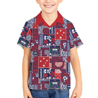 Red Samoa Manuia Le Kerisimasi Family Matching Off Shoulder Short Dress and Hawaiian Shirt Pacific Patchwork Xmas Vibes - Polynesian Pride