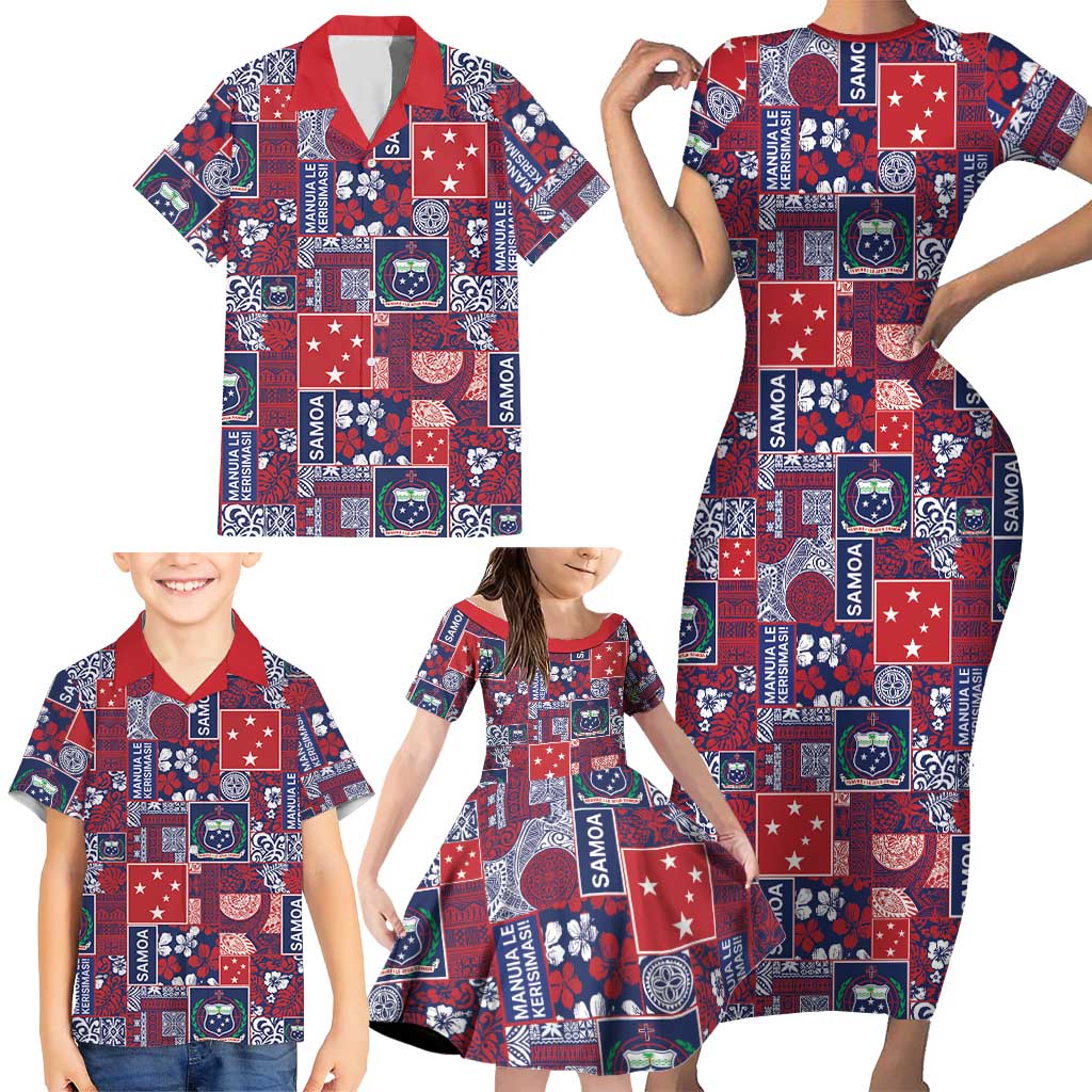 Red Samoa Manuia Le Kerisimasi Family Matching Short Sleeve Bodycon Dress and Hawaiian Shirt Pacific Patchwork Xmas Vibes - Polynesian Pride