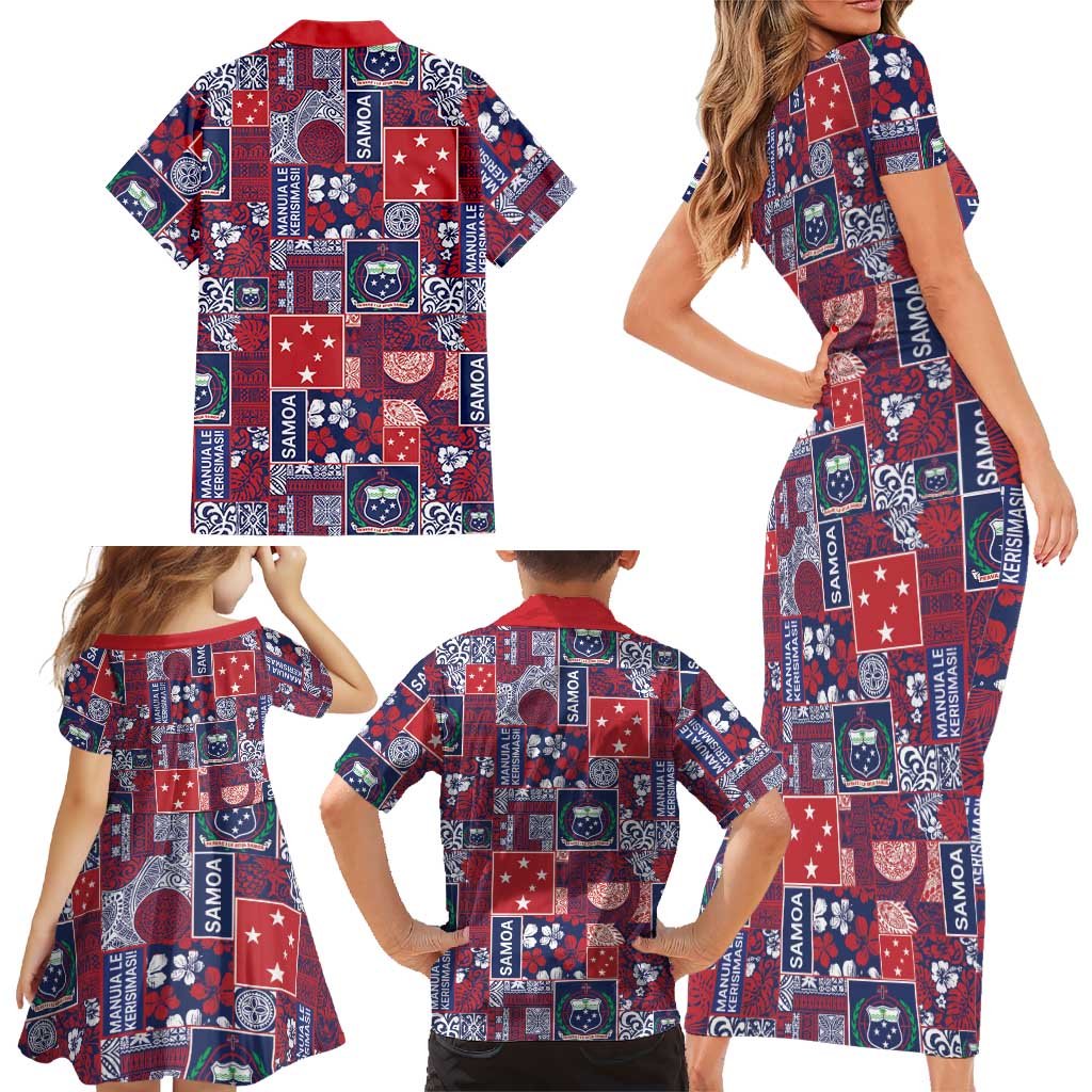 Red Samoa Manuia Le Kerisimasi Family Matching Short Sleeve Bodycon Dress and Hawaiian Shirt Pacific Patchwork Xmas Vibes - Polynesian Pride