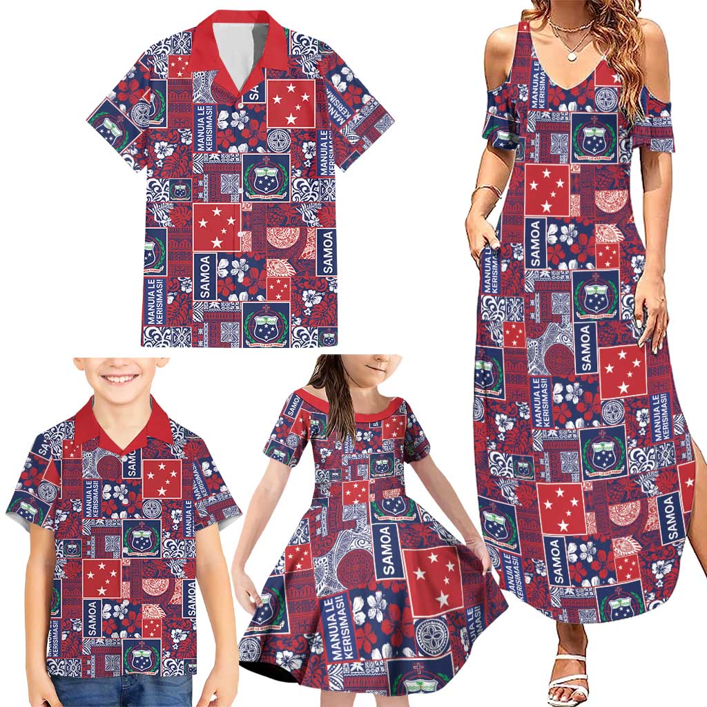 Red Samoa Manuia Le Kerisimasi Family Matching Summer Maxi Dress and Hawaiian Shirt Pacific Patchwork Xmas Vibes - Polynesian Pride