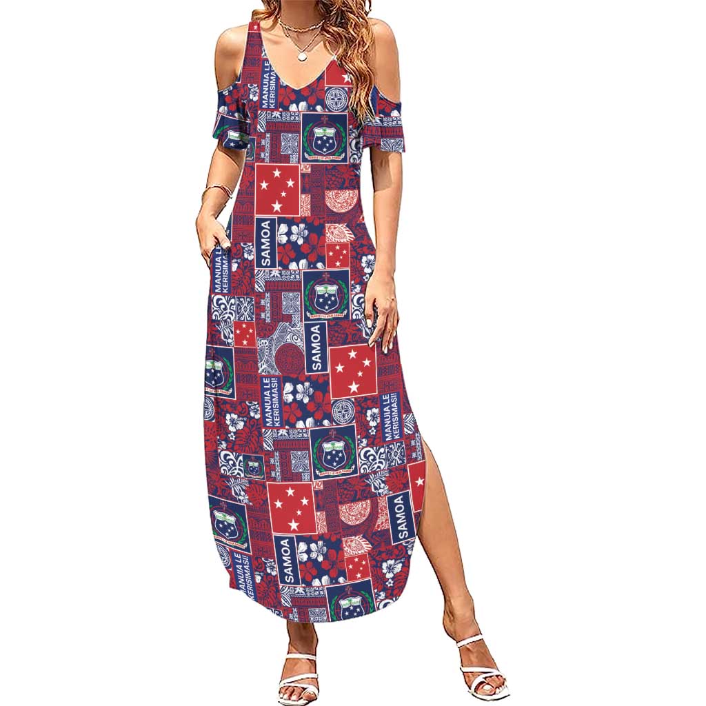 Red Samoa Manuia Le Kerisimasi Family Matching Summer Maxi Dress and Hawaiian Shirt Pacific Patchwork Xmas Vibes - Polynesian Pride