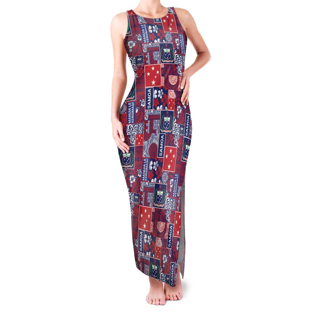 Red Samoa Manuia Le Kerisimasi Family Matching Tank Maxi Dress and Hawaiian Shirt Pacific Patchwork Xmas Vibes - Polynesian Pride