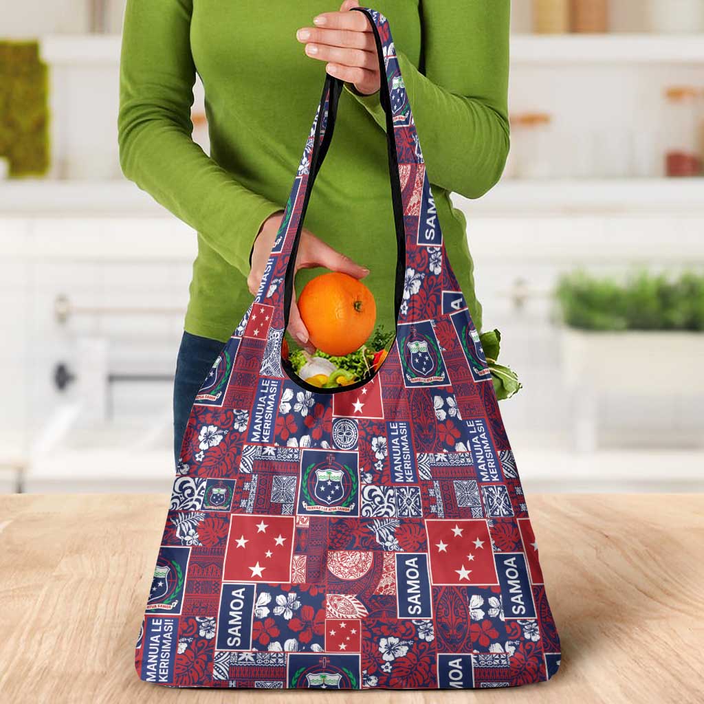 Red Samoa Manuia Le Kerisimasi Grocery Bag Pacific Patchwork Xmas Vibes - Polynesian Pride