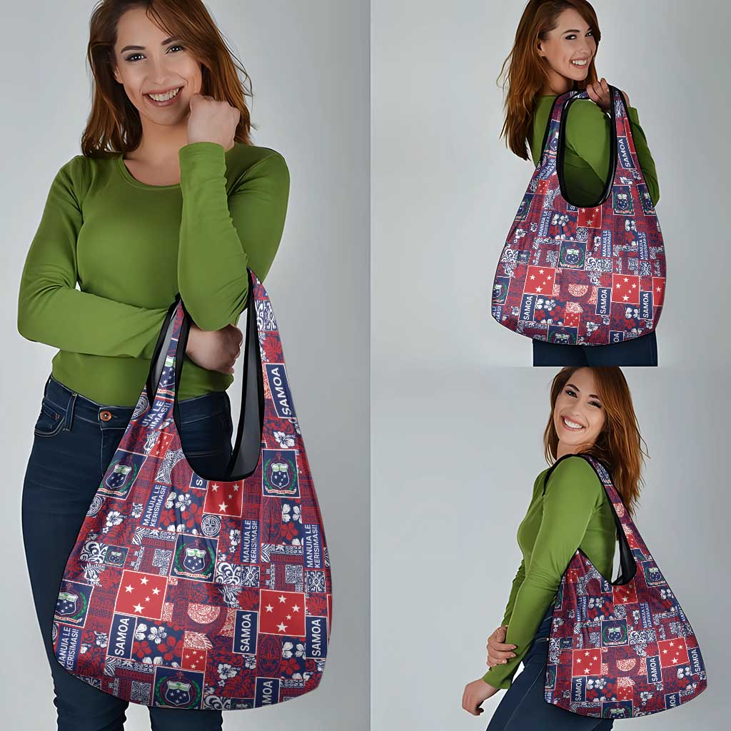 Red Samoa Manuia Le Kerisimasi Grocery Bag Pacific Patchwork Xmas Vibes - Polynesian Pride