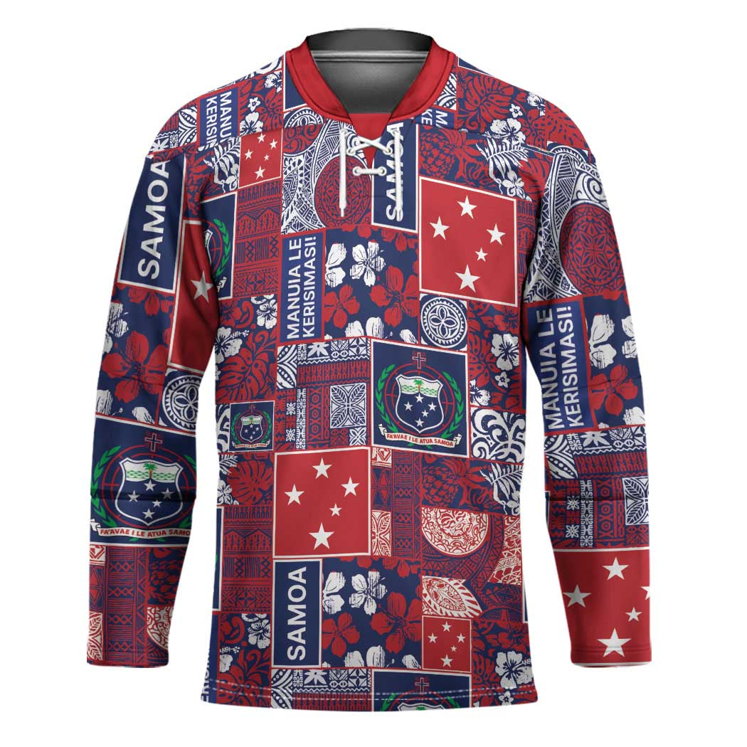 Red Samoa Manuia Le Kerisimasi Hockey Jersey Pacific Patchwork Xmas Vibes - Polynesian Pride