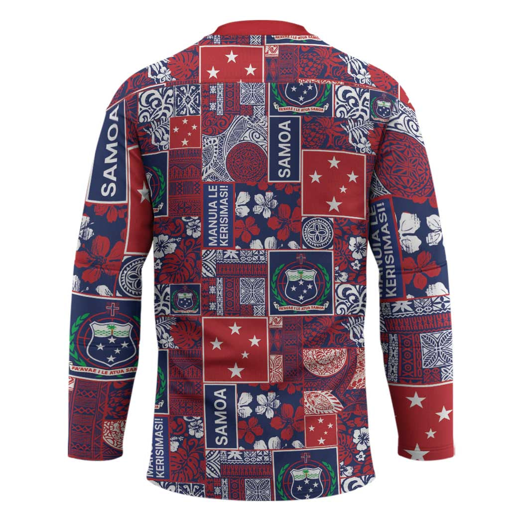 Red Samoa Manuia Le Kerisimasi Hockey Jersey Pacific Patchwork Xmas Vibes - Polynesian Pride