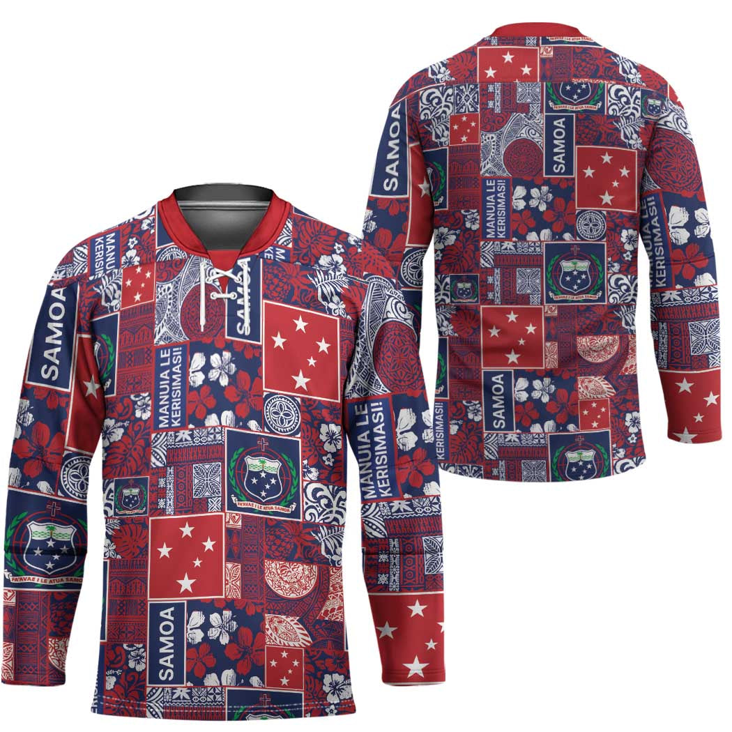 Red Samoa Manuia Le Kerisimasi Hockey Jersey Pacific Patchwork Xmas Vibes - Polynesian Pride