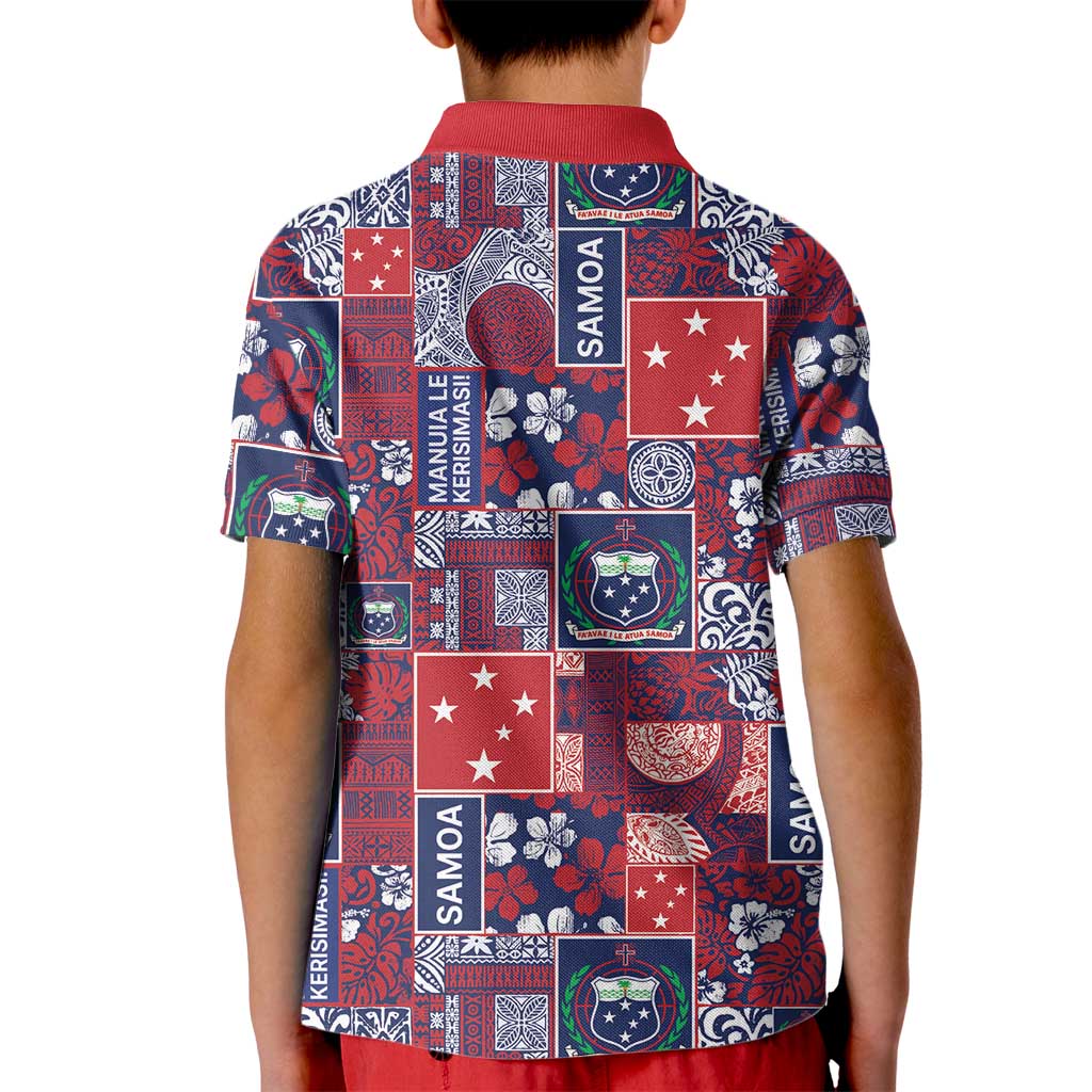 Red Samoa Manuia Le Kerisimasi Kid Polo Shirt Pacific Patchwork Xmas Vibes - Polynesian Pride