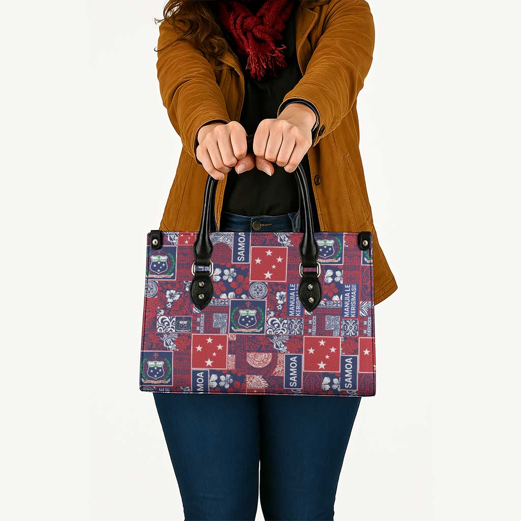 Red Samoa Manuia Le Kerisimasi Leather Bag Pacific Patchwork Xmas Vibes - Polynesian Pride