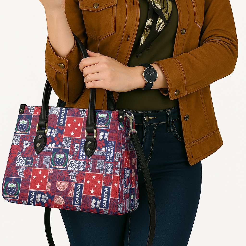 Red Samoa Manuia Le Kerisimasi Leather Bag Pacific Patchwork Xmas Vibes - Polynesian Pride