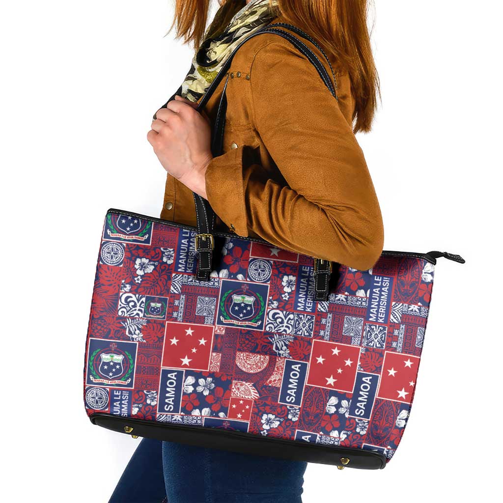 Red Samoa Manuia Le Kerisimasi Leather Tote Bag Pacific Patchwork Xmas Vibes - Polynesian Pride