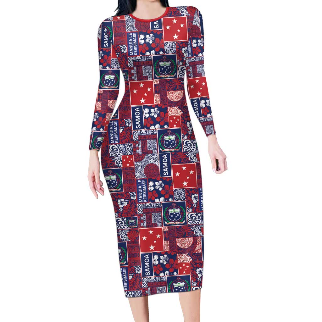Red Samoa Manuia Le Kerisimasi Long Sleeve Bodycon Dress Pacific Patchwork Xmas Vibes - Polynesian Pride