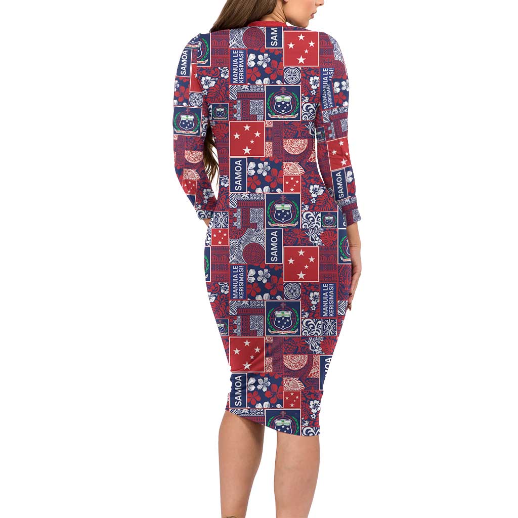 Red Samoa Manuia Le Kerisimasi Long Sleeve Bodycon Dress Pacific Patchwork Xmas Vibes - Polynesian Pride