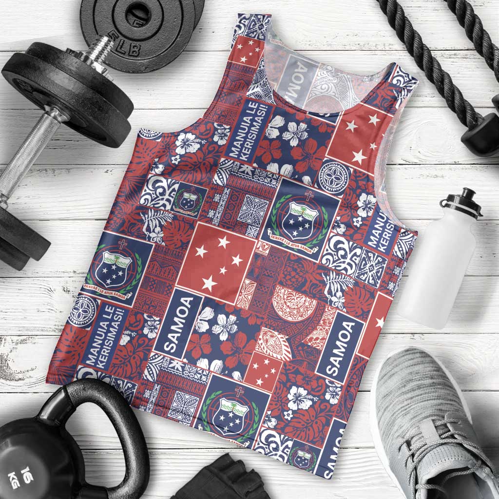 Red Samoa Manuia Le Kerisimasi Men Tank Top Pacific Patchwork Xmas Vibes - Polynesian Pride