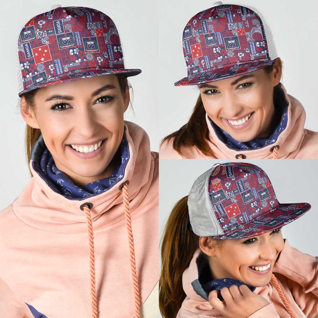 Red Samoa Manuia Le Kerisimasi Mesh Trucker Cap Pacific Patchwork Xmas Vibes - Polynesian Pride
