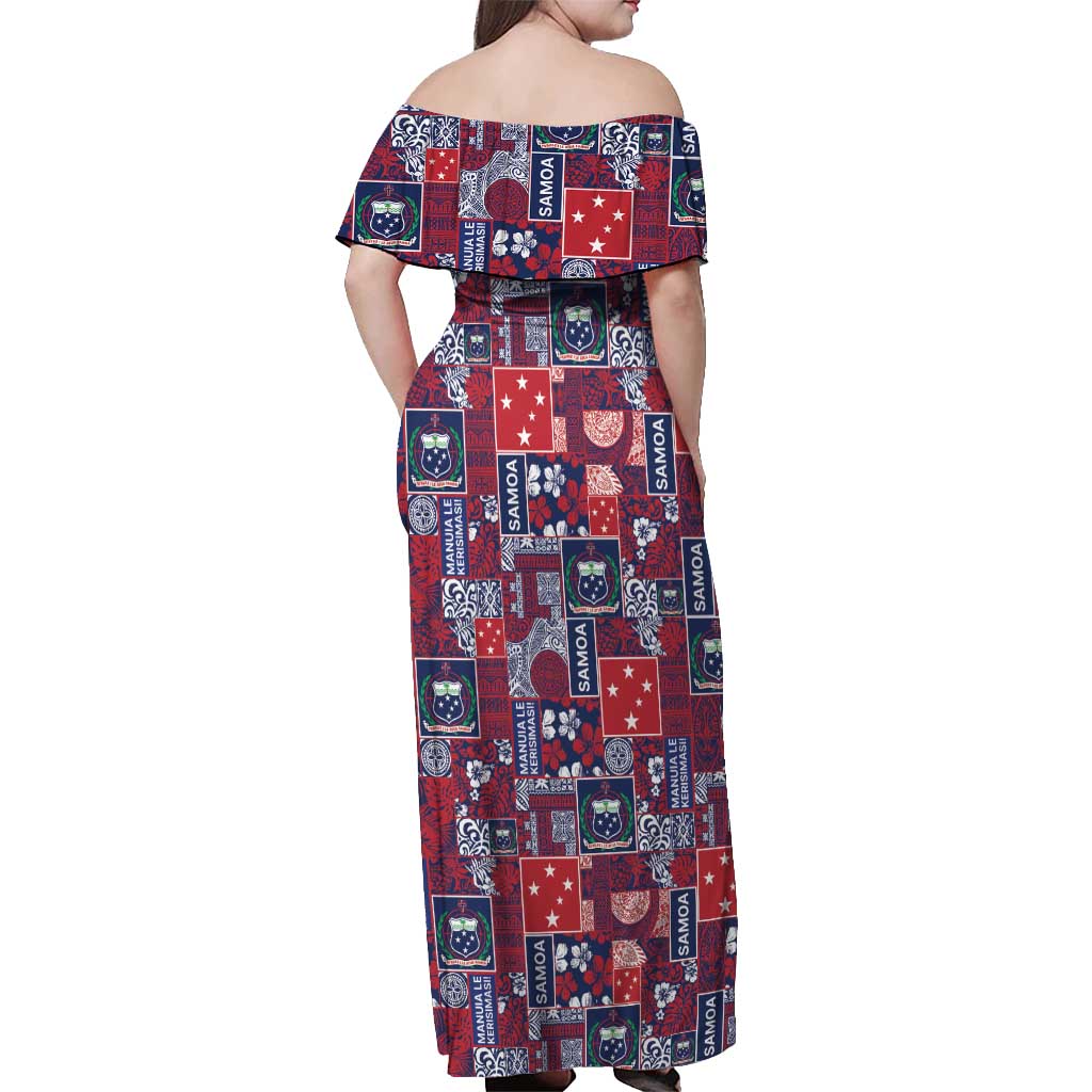 Red Samoa Manuia Le Kerisimasi Off Shoulder Maxi Dress Pacific Patchwork Xmas Vibes - Polynesian Pride