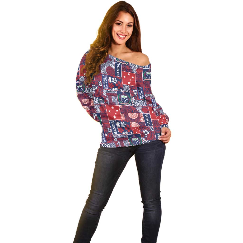 Red Samoa Manuia Le Kerisimasi Off Shoulder Sweater Pacific Patchwork Xmas Vibes - Polynesian Pride