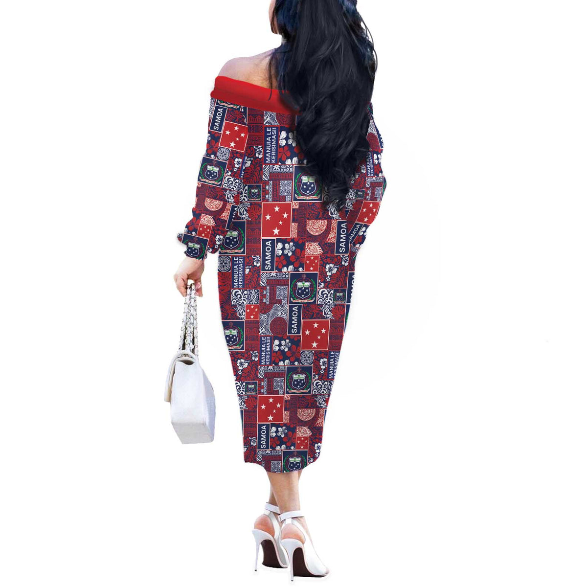 Red Samoa Manuia Le Kerisimasi Off The Shoulder Long Sleeve Dress Pacific Patchwork Xmas Vibes - Polynesian Pride