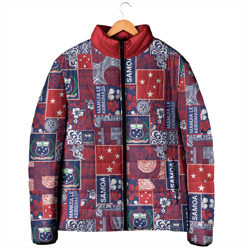 Red Samoa Manuia Le Kerisimasi Padded Jacket Pacific Patchwork Xmas Vibes LT9 - Polynesian Pride