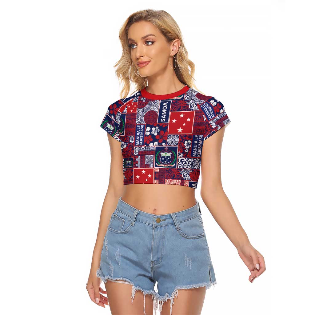 Red Samoa Manuia Le Kerisimasi Raglan Cropped T Shirt Pacific Patchwork Xmas Vibes - Polynesian Pride