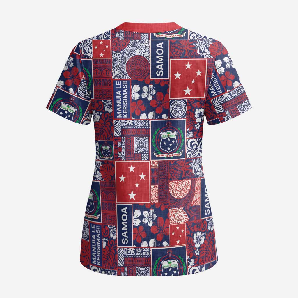 Red Samoa Manuia Le Kerisimasi Scrub Top Pacific Patchwork Xmas Vibes - Polynesian Pride