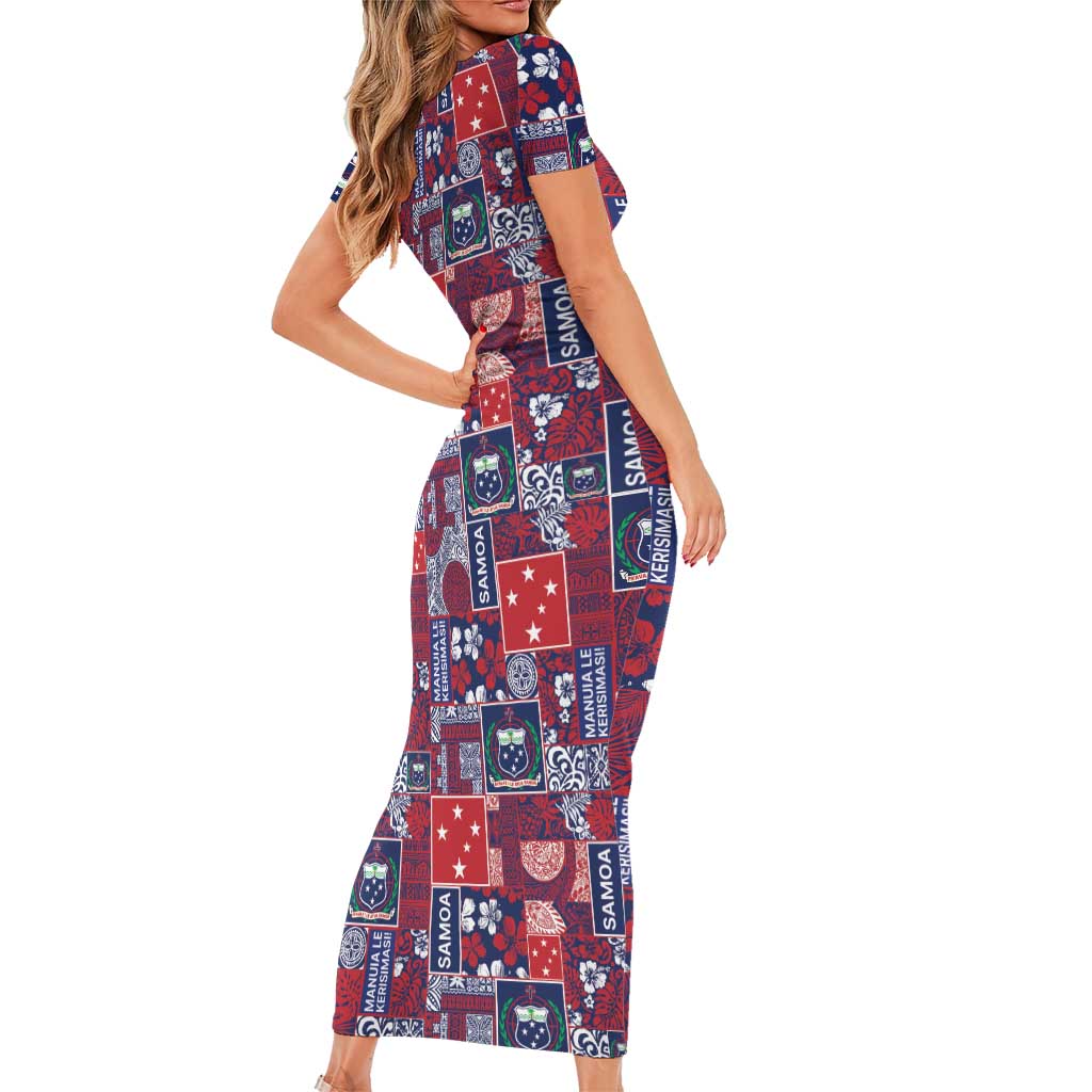 Red Samoa Manuia Le Kerisimasi Short Sleeve Bodycon Dress Pacific Patchwork Xmas Vibes - Polynesian Pride