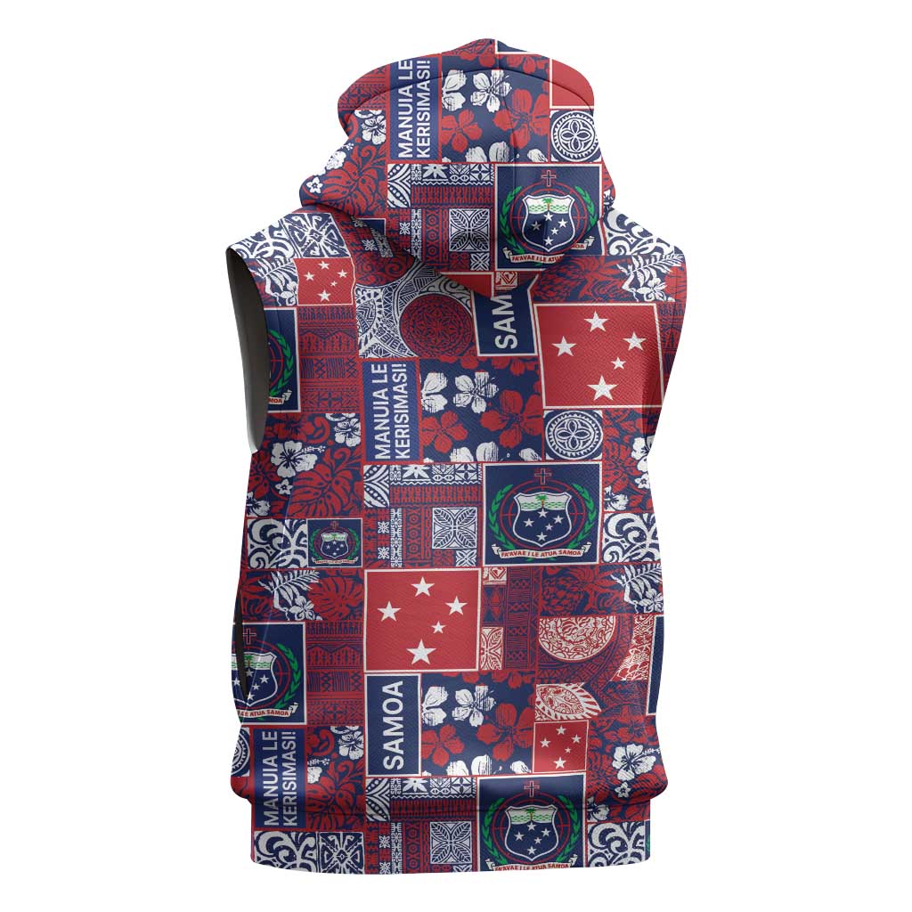 Red Samoa Manuia Le Kerisimasi Sleeveless Hoodie Pacific Patchwork Xmas Vibes - Polynesian Pride