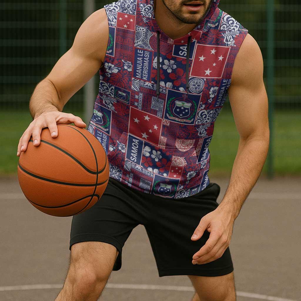 Red Samoa Manuia Le Kerisimasi Sleeveless Hoodie Pacific Patchwork Xmas Vibes - Polynesian Pride