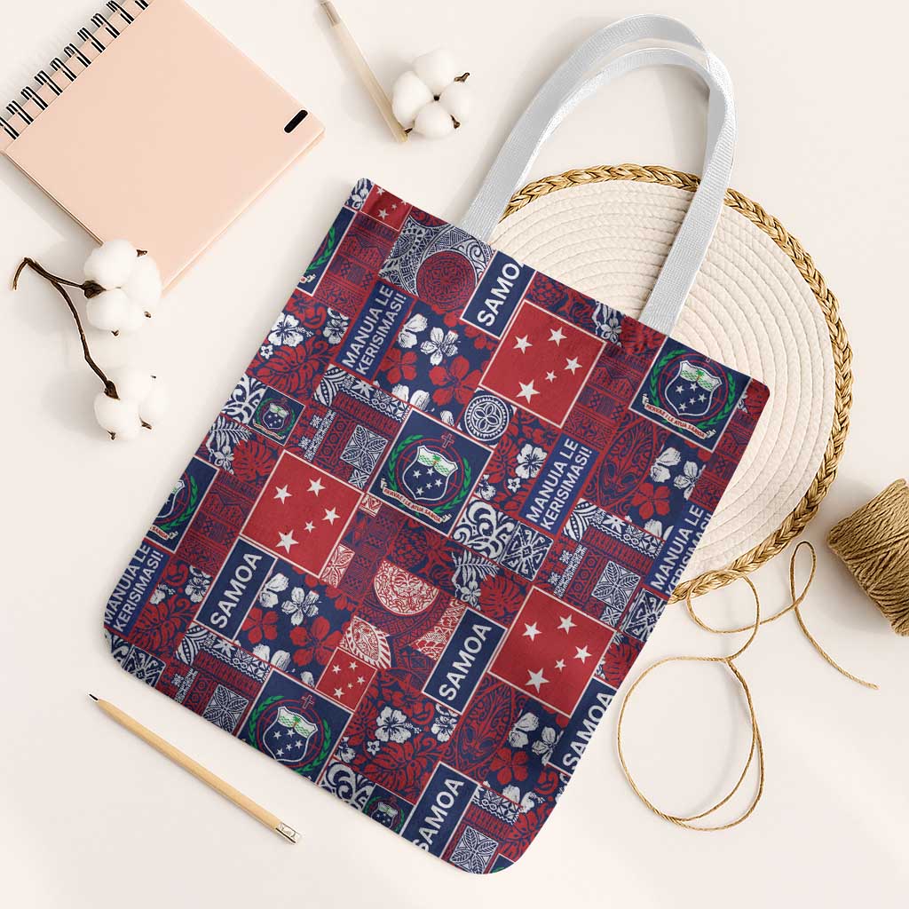 Red Samoa Manuia Le Kerisimasi Tote Bag Pacific Patchwork Xmas Vibes - Polynesian Pride