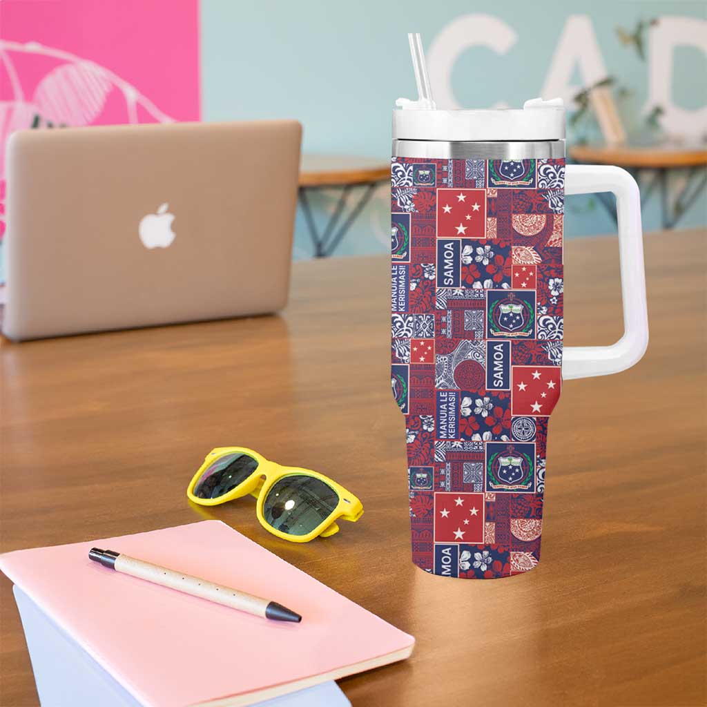 Red Samoa Manuia Le Kerisimasi Tumbler With Handle Pacific Patchwork Xmas Vibes - Polynesian Pride