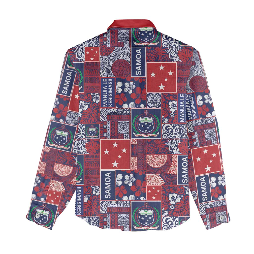 Red Samoa Manuia Le Kerisimasi Women Casual Shirt Pacific Patchwork Xmas Vibes - Polynesian Pride