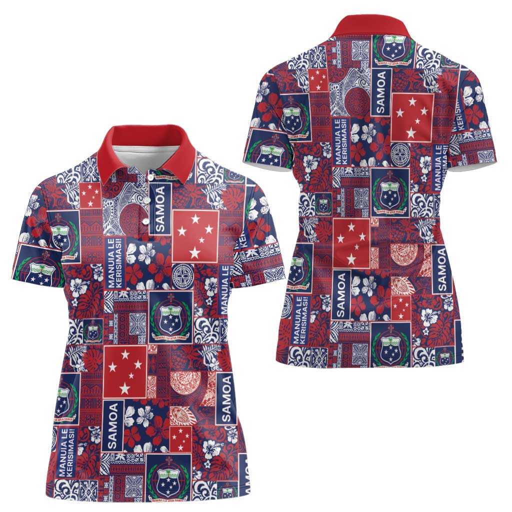 Red Samoa Manuia Le Kerisimasi Women Polo Shirt Pacific Patchwork Xmas Vibes - Polynesian Pride