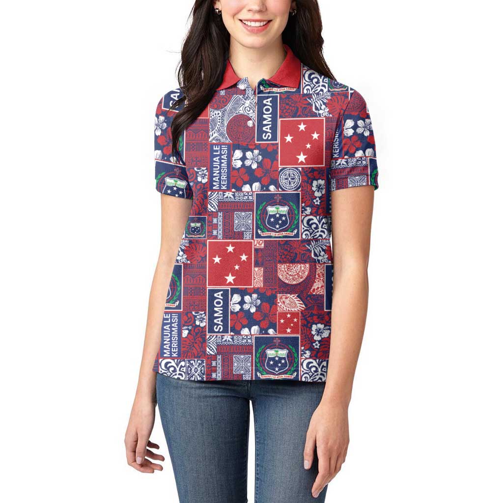 Red Samoa Manuia Le Kerisimasi Women Polo Shirt Pacific Patchwork Xmas Vibes - Polynesian Pride