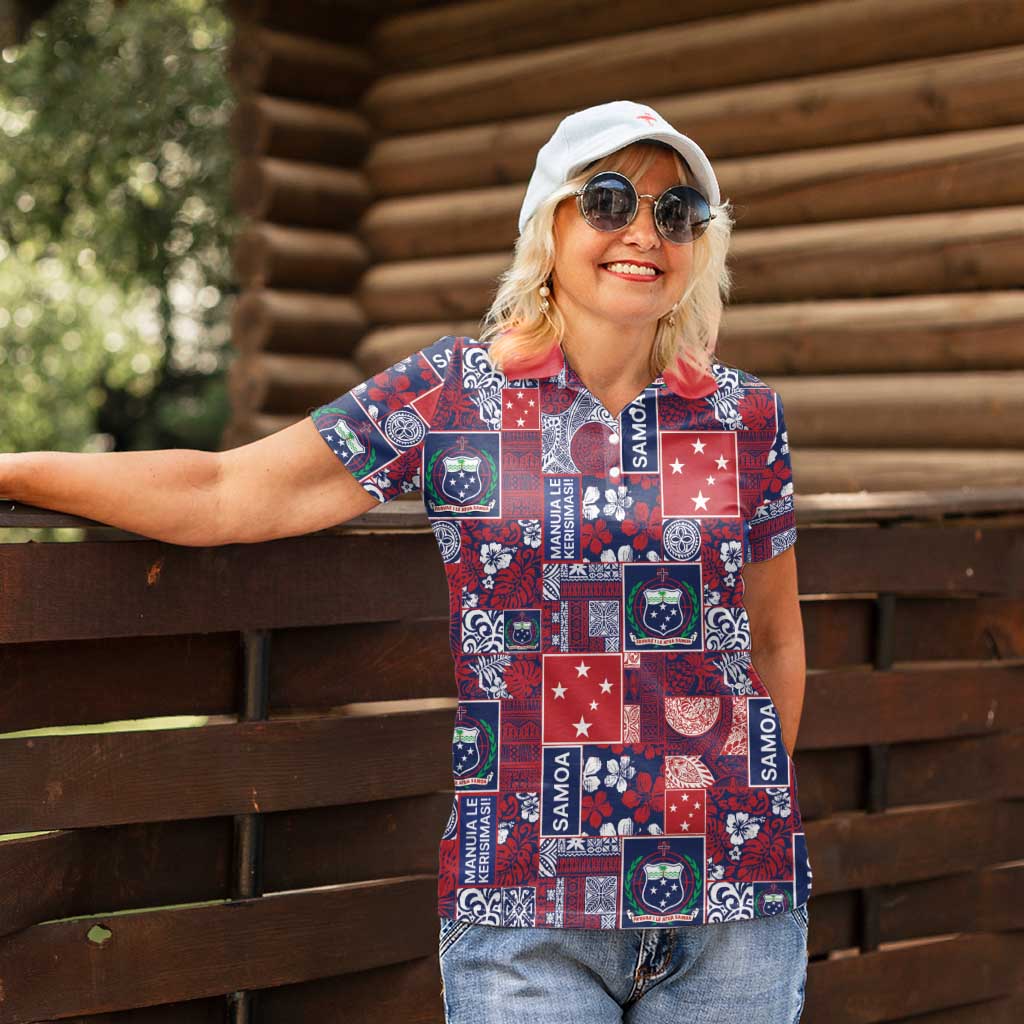 Red Samoa Manuia Le Kerisimasi Women Polo Shirt Pacific Patchwork Xmas Vibes - Polynesian Pride