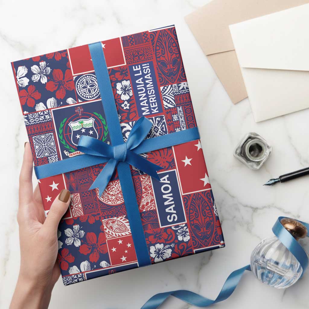 Red Samoa Manuia Le Kerisimasi Wrapping Paper Pacific Patchwork Xmas Vibes - Polynesian Pride