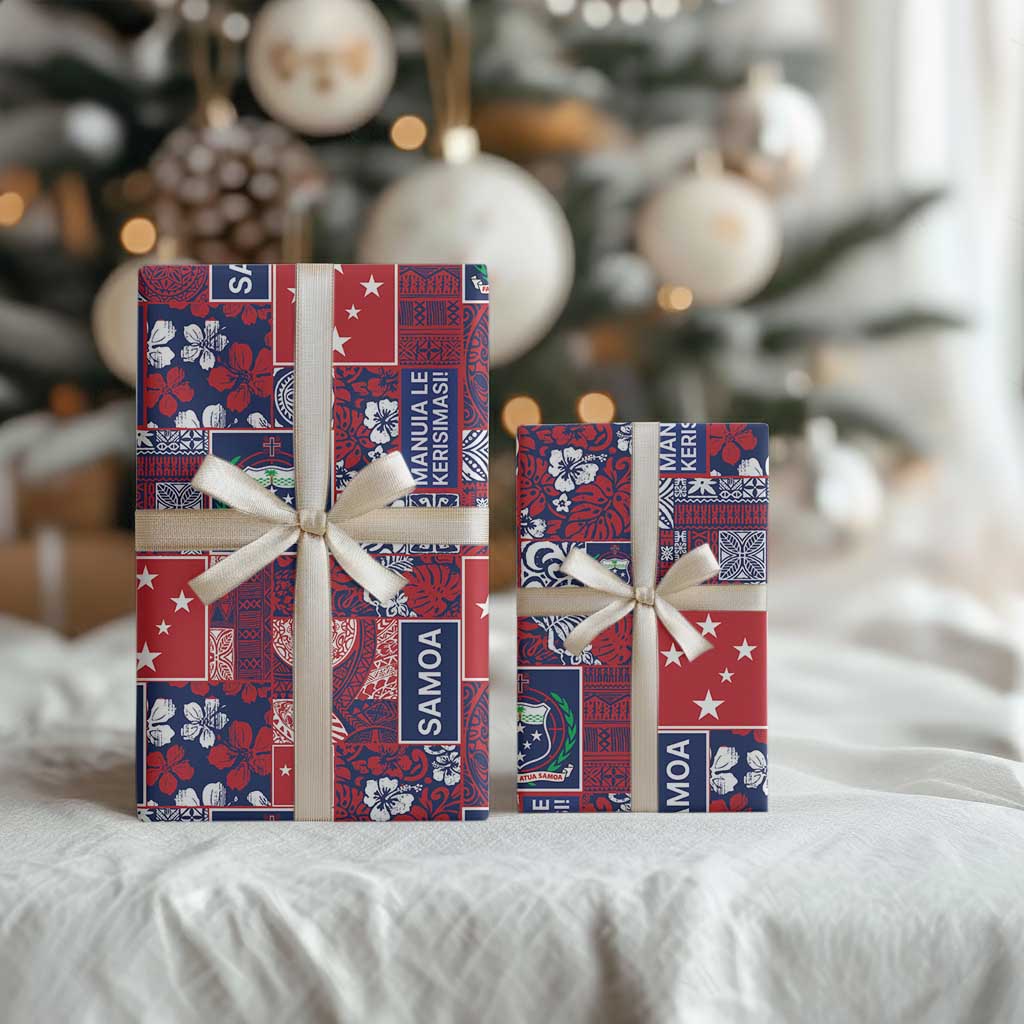 Red Samoa Manuia Le Kerisimasi Wrapping Paper Pacific Patchwork Xmas Vibes - Polynesian Pride