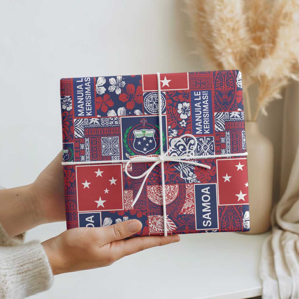 Red Samoa Manuia Le Kerisimasi Wrapping Paper Pacific Patchwork Xmas Vibes - Polynesian Pride