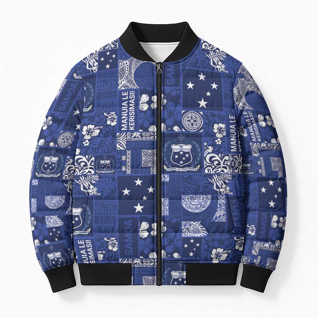 Blue Samoa Manuia Le Kerisimasi Bomber Puffer Jacket Pacific Patchwork Xmas Vibes LT9 Unisex Blue - Polynesian Pride