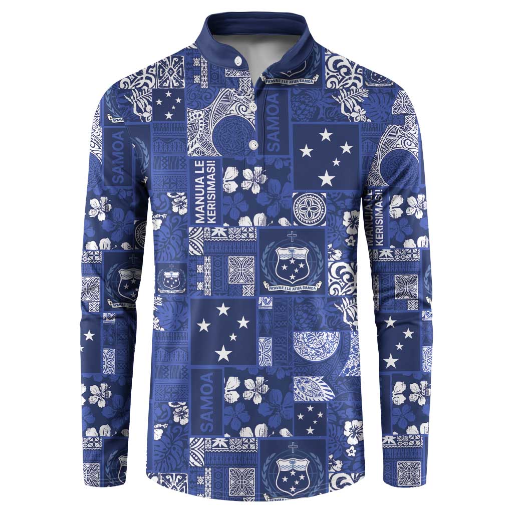Blue Samoa Manuia Le Kerisimasi Button Sweatshirt Pacific Patchwork Xmas Vibes LT9 Blue - Polynesian Pride