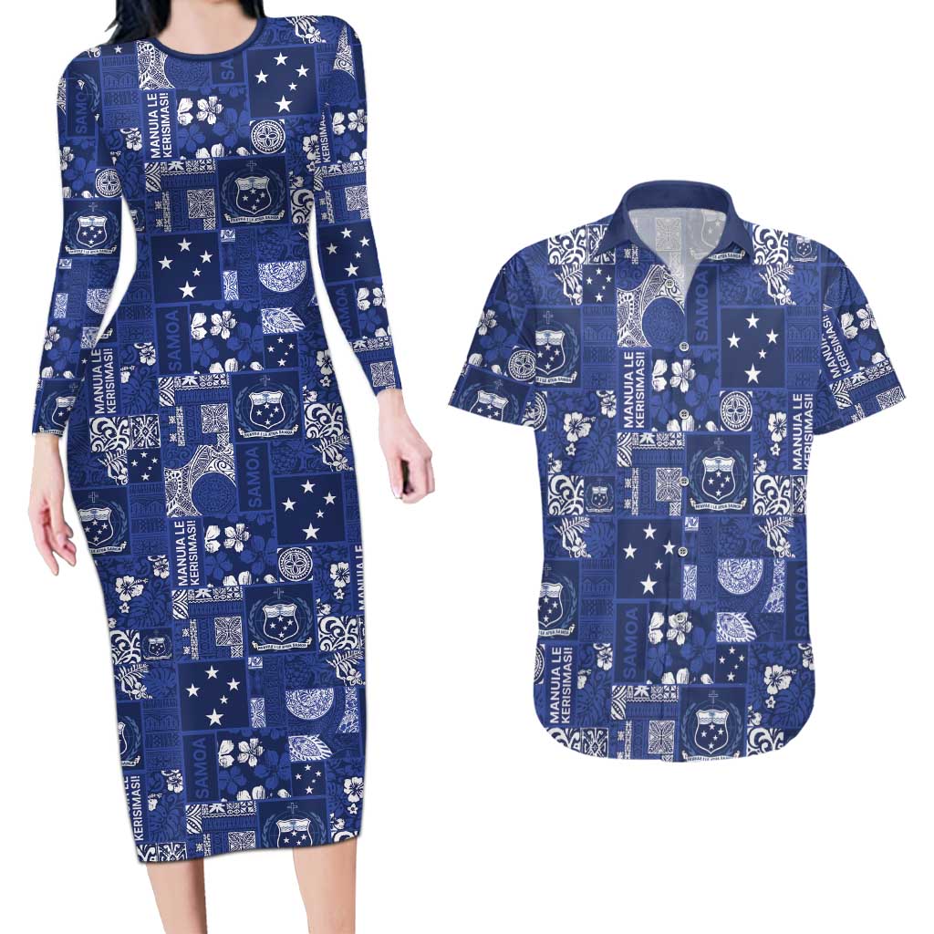Blue Samoa Manuia Le Kerisimasi Couples Matching Long Sleeve Bodycon Dress and Hawaiian Shirt Pacific Patchwork Xmas Vibes - Polynesian Pride