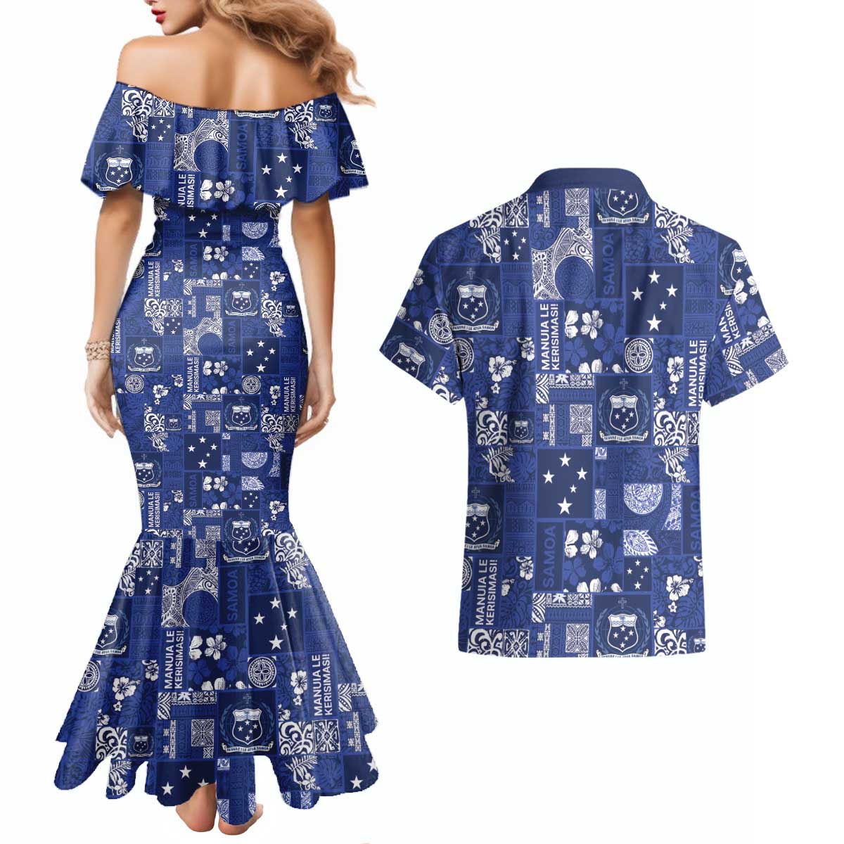 Blue Samoa Manuia Le Kerisimasi Couples Matching Mermaid Dress and Hawaiian Shirt Pacific Patchwork Xmas Vibes - Polynesian Pride