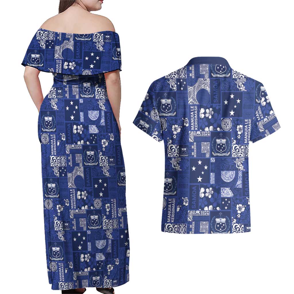 Blue Samoa Manuia Le Kerisimasi Couples Matching Off Shoulder Maxi Dress and Hawaiian Shirt Pacific Patchwork Xmas Vibes - Polynesian Pride