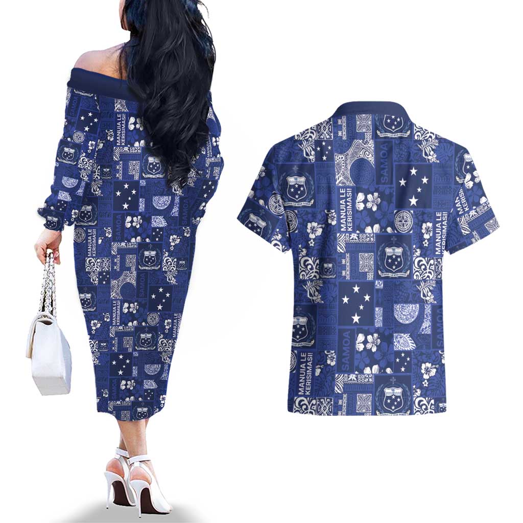 Blue Samoa Manuia Le Kerisimasi Couples Matching Off The Shoulder Long Sleeve Dress and Hawaiian Shirt Pacific Patchwork Xmas Vibes - Polynesian Pride