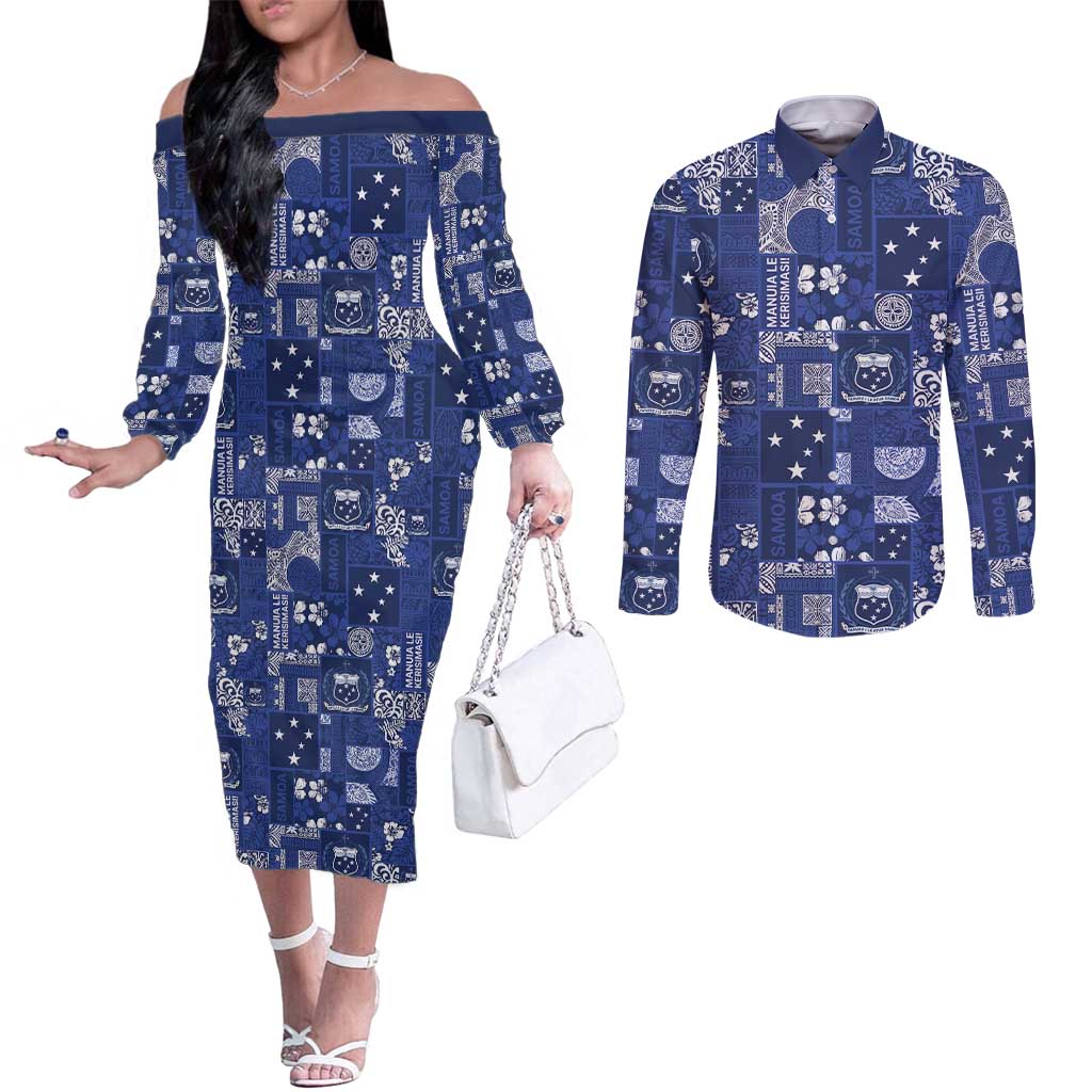 Blue Samoa Manuia Le Kerisimasi Couples Matching Off The Shoulder Long Sleeve Dress and Long Sleeve Button Shirt Pacific Patchwork Xmas Vibes - Polynesian Pride