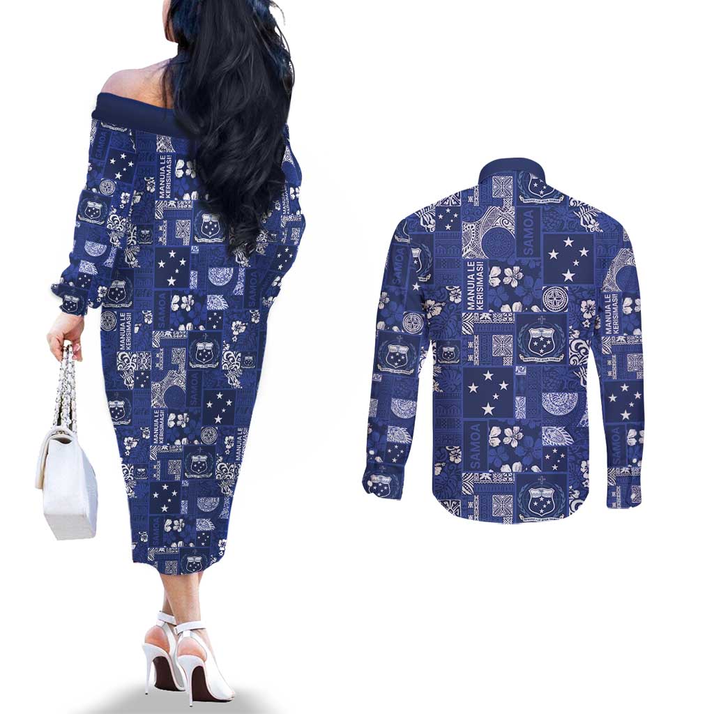 Blue Samoa Manuia Le Kerisimasi Couples Matching Off The Shoulder Long Sleeve Dress and Long Sleeve Button Shirt Pacific Patchwork Xmas Vibes - Polynesian Pride
