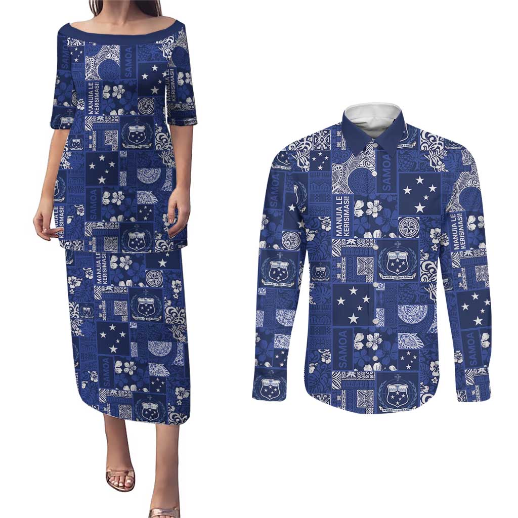 Blue Samoa Manuia Le Kerisimasi Couples Matching Puletasi and Long Sleeve Button Shirt Pacific Patchwork Xmas Vibes - Polynesian Pride