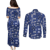 Blue Samoa Manuia Le Kerisimasi Couples Matching Puletasi and Long Sleeve Button Shirt Pacific Patchwork Xmas Vibes - Polynesian Pride