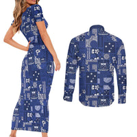 Blue Samoa Manuia Le Kerisimasi Couples Matching Short Sleeve Bodycon Dress and Long Sleeve Button Shirt Pacific Patchwork Xmas Vibes - Polynesian Pride